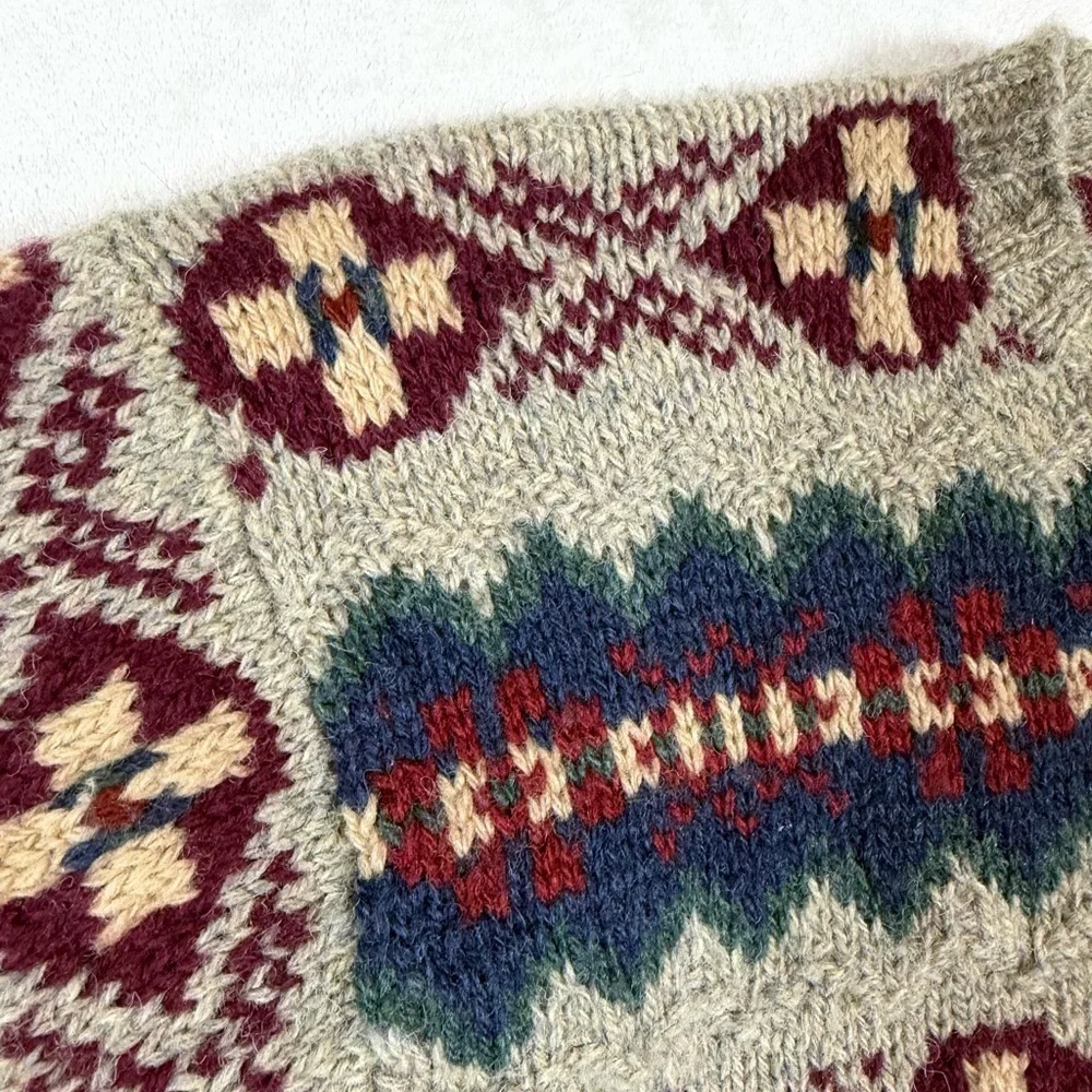 INSANE Polo Ralph Lauren Hand Knit Wool Aztec Beige & Burgundy Crewneck Sweater